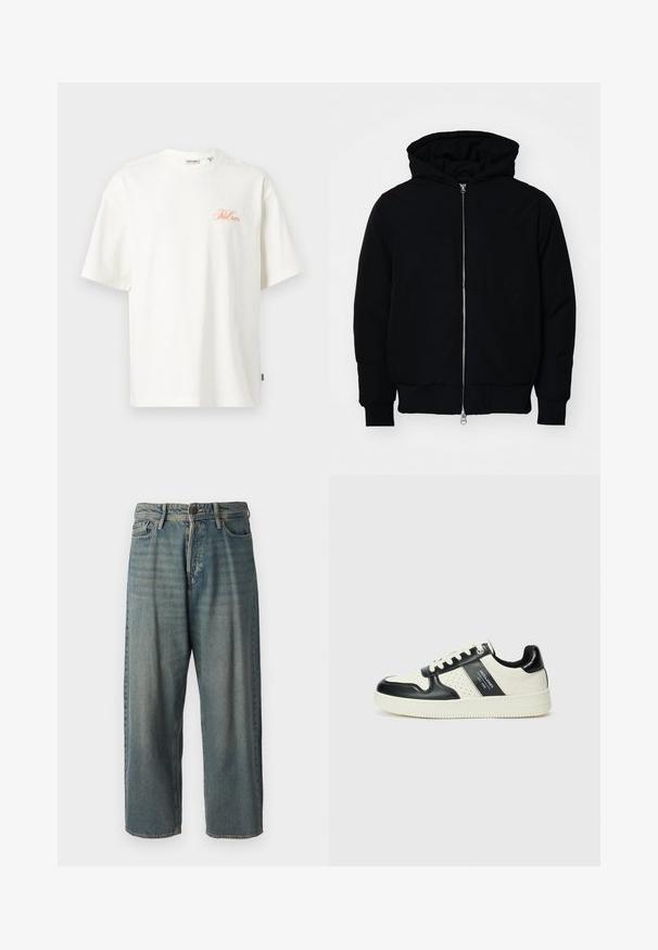 Black hooded jacket with front zipper, kangaroo pocket, ribbed cuffs, and hem, displayed on a plain white background.; White cotton t-shirt with short sleeves, featuring an orange logo on the left chest, and a straight cut at the hem.; Light blue denim jeans with a loose fit, mid-rise waist, and straight legs. Features five pockets, belt loops, and a button closure.; Leather sneakers with a black and cream color scheme, featuring perforated accents, a padded collar, and a textured outsole.