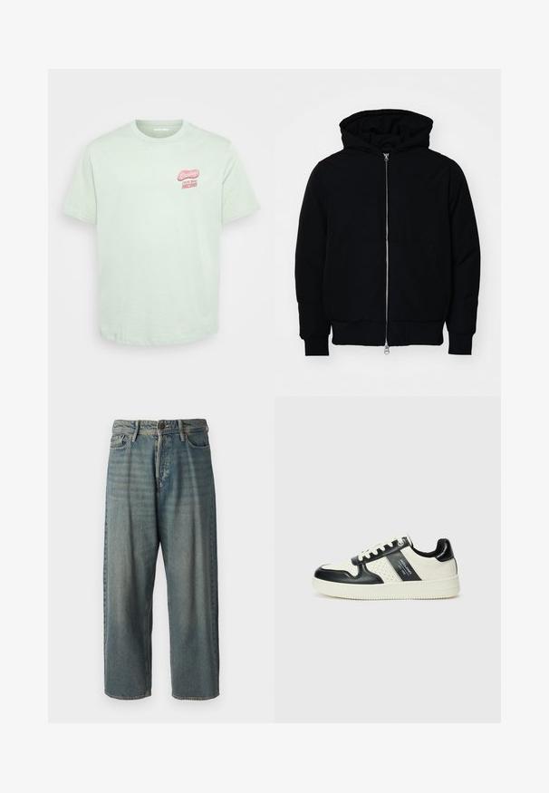 Fekete kapucnis dzseki elülső cipzárral, kenguruzsebbel, bordázott mandzsettákkal és aba, egy sima fehér háttér előtt.; Világos zöld, rövid ujjú pamut póló kerek nyakkal, az elülső bal mellrészen rózsaszín "Üdvözlet Arizonából" grafikával.; Világoskék farmernadrág, laza fazonnal, közepes derékbőséggel és egyenes szárral. Öt zsebet, övbucskát és gombos záródást tartalmaz.; Fekete és krém színű bőrsneaker, perforált díszítésekkel, párnázott bokapánttal és texturált talppal.