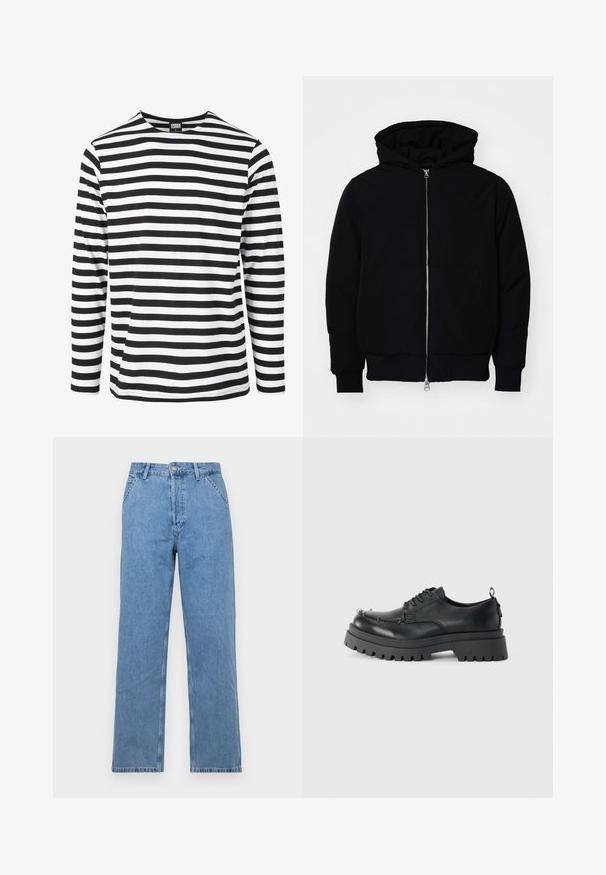 Giacca nera con cappuccio, dotata di zip frontale, tasca a marsupio, polsini e orlo a coste, esposta su uno sfondo bianco semplice.; Camicia a maniche lunghe bicolore bianca e nera a righe con scollatura rotonda, realizzata in tessuto morbido, caratterizzata da righe orizzontali di larghezza uniforme.; Jeans in denim blu chiaro a gamba dritta con un classico design a cinque tasche, dotati di chiusura frontale con bottone e passanti per cintura. Texture liscia.; Scarpa nera in pelle chunky con lacci, suola spessa e robusta e occhielli in metallo nell'area delle dita, fotografata su uno sfondo chiaro e uniforme.