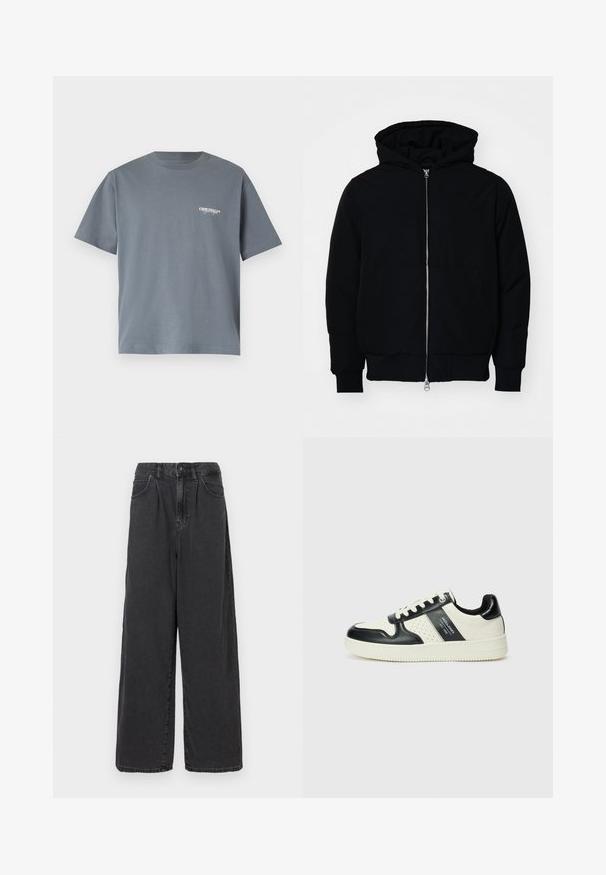 Schwarze Kapuzenjacke mit Frontreißverschluss, Kängurutasche, gerippten Bündchen und Saum, auf einem schlichten weißen Hintergrund präsentiert.; Graues Baumwoll-T-Shirt mit kurzen Ärmeln, das auf der linken Brustseite ein kleines weißes "ORIGINALS"-Logo trägt. Einfaches Rundhalsdesign.; Weite, hoch geschnittene schwarze Jeanshose mit einem Frontknopf und Reißverschluss, ausgestattet mit seitlichen Taschen und einer glatten Textur.; Leder-Sneaker in Schwarz- und Cremetönen, mit perforierten Akzenten, einem gepolsterten Kragen und einer strukturierten Laufsohle.