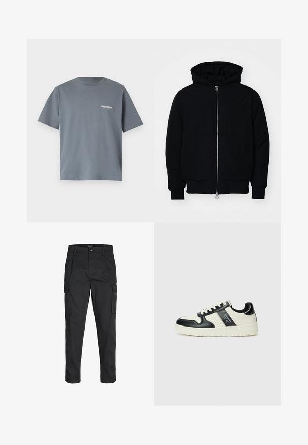 Schwarze Kapuzenjacke mit Frontreißverschluss, Kängurutasche, gerippten Bündchen und Saum, auf einem schlichten weißen Hintergrund präsentiert.; Graues Baumwoll-T-Shirt mit kurzen Ärmeln, das auf der linken Brustseite ein kleines weißes "ORIGINALS"-Logo trägt. Einfaches Rundhalsdesign.; Schwarze Cargo-Hose aus robustem Material, mit mehreren Taschen, einem Knopfverschluss und einem Slim-Fit-Design mit schmal zulaufenden Beinen.; Leder-Sneaker in Schwarz- und Cremetönen, mit perforierten Akzenten, einem gepolsterten Kragen und einer strukturierten Laufsohle.