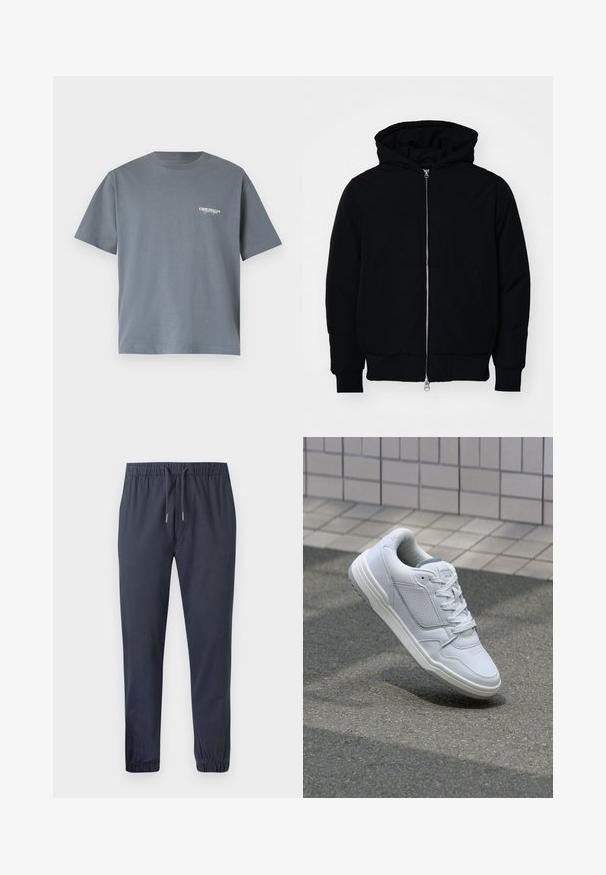 Sort hættejakke med frontlynlås, kængurulomme, ribbede manchetter og kant, præsenteret på en ensfarvet hvid baggrund.; Grå bomulds t-shirt med korte ærmer, der har et lille hvidt "ORIGINALS" logo på venstre brystområde. Enkel crewneck design.; Marineblå tapered jogger-bukser med elastisk talje, snøre og elastiske manchetter, der har et glat, let stof.; Hvide lædersneakers med perforerede sider, teksturerede detaljer, flade snørebånd og en kontrasterende grå hæl. Har en let forhøjet sål.