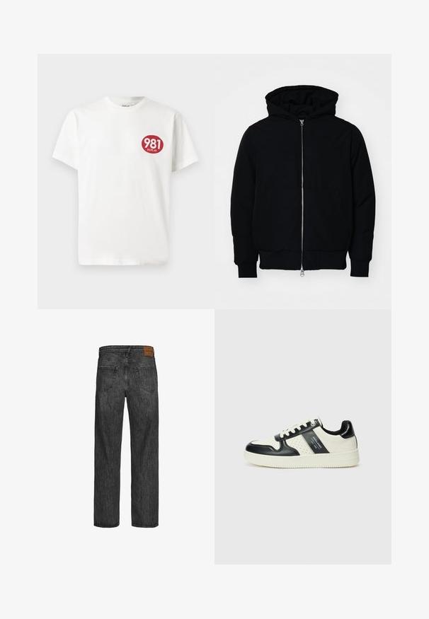 Mustaga kapuutsiga jakk, millel on esineed, kenguru tasku, soonikkoes, ja alläär, esitatud lihtsal valgel taustal.; Valge puuvillane T-särk, mille vasakul rinnal on ümmargune punane logo ja tekst "981 REPLAY". Lühikesed varrukad ja tavaline lõige.; Mustad denim püksid otse sääre lõikega, viie taskuga stiil ja pruun nahkplekk vöökohtas. Tekstuuriga kangas, millel on õmblusdetailid.; Nahatud nahkkingad musta ja kreemi värviskeemiga, millel on perforeeritud aktsendid, pehme krae ja tekstureeritud tallad.