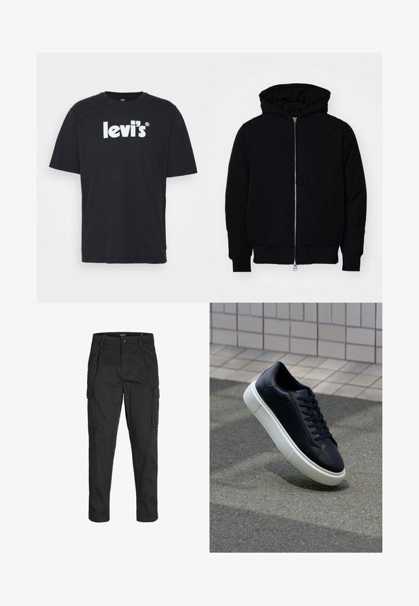 Svart hettejakke med frontglidelås, kengurulomme, ribbestrikket mansjetter og søm, vist på en ensfarget hvit bakgrunn.; Levi's® RELAXED FIT - T-shirts med print - caviar; Sorte cargo bukser laget av slitesterkt stoff, med flere lommer, knappelukking og en slim fit-design med avsmalnede ben.; Sorte skinnsneakers med rund tå og hvit gummisåle. Har flate lisser og minimal søm på overdelen. Strukturert såle for grep.