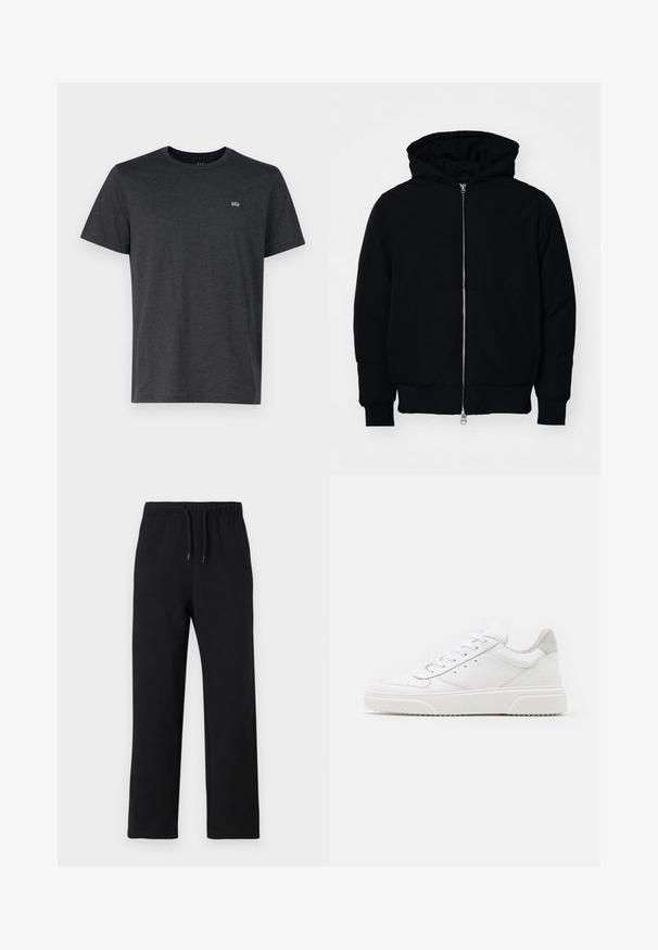 Mustaga kapuutsiga jakk, millel on esineed, kenguru tasku, soonikkoes, ja alläär, esitatud lihtsal valgel taustal.; Tumehall kahte varrukat valmistatud pehmest kangast, ringkaelusega ja vasakus rinnas väikese tikandiga logoga.; Jack & Jones JPSTKANE JJCHARGE UNCUFFED - Dresside alumine osa - black; Valged nahast spordijalatsid siledast nahast viimistlusega, ümarate varvastega, lamekestega ja tekstuuriga tallaga. Hall suede aktsent kanna juures.