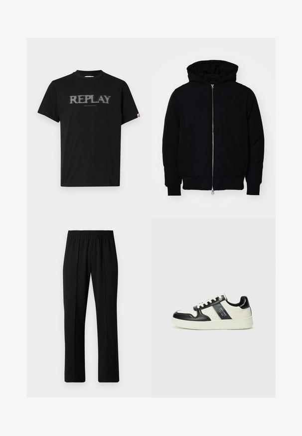 Mustaga kapuutsiga jakk, millel on esineed, kenguru tasku, soonikkoes, ja alläär, esitatud lihtsal valgel taustal.; Must musta t-särk lühikeste varrukatega, millel on hall häiritud "REPLAY" trükk ja allpool "NINETEEN EIGHTY-ONE". Klassikaline ümmargune kaelus.; Mustad, elastse puusärgid sirge säärega, mis on sileda tekstuuriga ja ilma nähtavate mustrite või riistadega.; Nahatud nahkkingad musta ja kreemi värviskeemiga, millel on perforeeritud aktsendid, pehme krae ja tekstureeritud tallad.