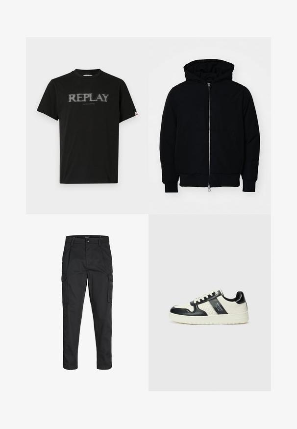Juodas gobtuvėlis su priekiniu užtrauktuku, kengūros tipo kišene, lygiais rankogaliais ir apvadu, pateiktas ant vientiso balto fono.; Juoda medvilninė marškinė su trumpomis rankovėmis, kuriuose yra nusidėvėjęs pilkas spaudinių "REPLAY" ir "NINETEEN EIGHTY-ONE" apačioje. Klasikinio apvalaus kaklo dizainas.; Juodi krovinių tipo džinsai, pagaminti iš tvirto audinio, su keliais kišeniais, mygtuko uždarymu ir siauru, prigludusiu dizainu su siaurėjančiomis kojomis.; Odiniai sportbačiai juodos ir kreminės spalvų schemoje, su perforuotais akcentais, paminkštinta apykakle ir tekstūruotu padu.