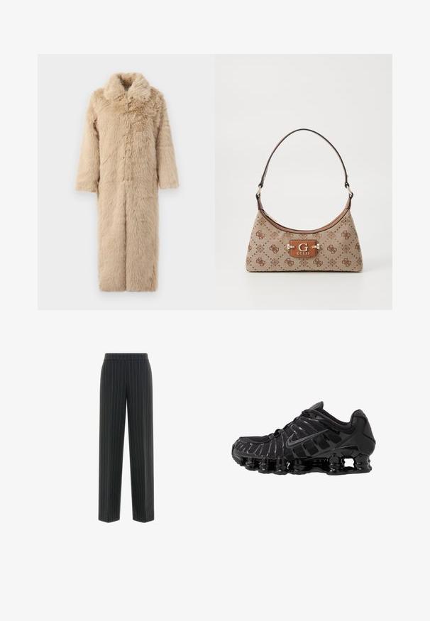 Langer beiger Kunstpelzmantel mit breitem Reverskragen und langen Ärmeln, auf einem schlichten weißen Hintergrund präsentiert.; Zwei langärmelige Rollkragenoberteile, eines weiß und eines schwarz, aus einem glatten, dehnbaren Stoff, beide mit schmalem Schnitt und hohem Kragen.; Schwarze weit geschnittene Hose mit vertikalen grünen Streifen. Verfügt über einen glatten elastischen Bund und hat keine sichtbaren Verschlüsse oder Taschen.; Schwarzer Sportschuh mit Mesh-Obermaterial und glänzenden Überzügen. Verfügt über eine geschwungene Spiraldämpfung und strukturierte Linien an der Seite. Nike-Logo sichtbar.; Beige Stofftasche mit braunen gemusterten Akzenten. Sie hat eine geschwungene Form, einen einzelnen Tragegurt und ein Logo-Schild an der Vorderseite mit silberner Hardware.