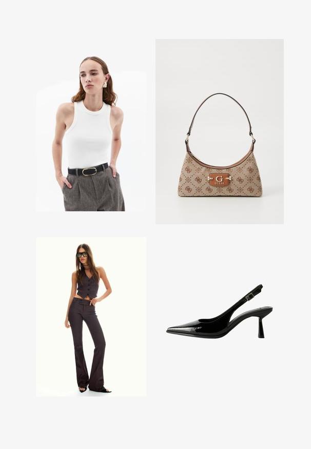 Pitkä vaaleanbeige tekoturkistakki, jossa on leveä kaulus ja täysimittaiset hihat, esitettynä yksinkertaisella valkoisella taustalla.; Valkoinen ribbipinta tanktoppi pyöreällä kaula-aukolla, jossa on beige reunus. Yhdistetty harmaisiin, teksturoituihin korkean vyötärön housuihin ja mustaan vyöhön, jossa on kultainen solki.; Ruskean raitaisten lyhyiden haalareiden ja levenevien housujen asu, jossa on napit ja teksturoitu kangas. Mustat avokkaat ja ylisuuret aurinkolasit.; Musta lakattu nahkasaapas, jossa on teräväkärkinen malli, leikattuja sivuja, säädettävä nilkkain ja ohut, virtaviivainen korko.; Kangaskassi beige-värissä ruskeilla kuvioiduilla yksityiskohdilla. Ominaisuuksiin kuuluu kaareva muoto, yksi kantohihna ja edessä oleva logo-plaatti hopeisilla yksityiskohdilla.