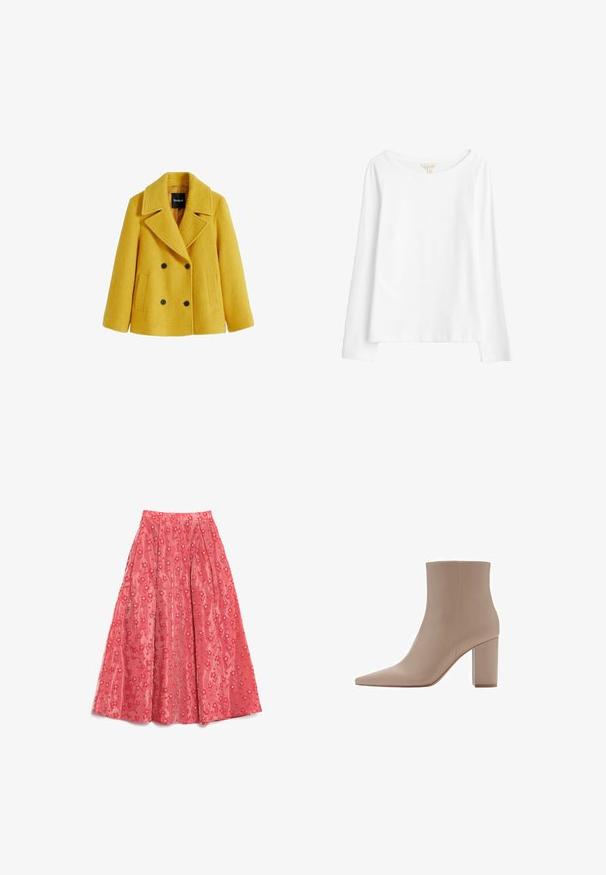 Gul ullblandad pikoat med strukturerad finish, dubbelknäppt design, breda slag, två framfickor med lappar och svarta knappdetaljer.; Seasalt Cornwall Långärmad tröja - white salt; Flödande korallmaxiklänning i strukturerad tyg, med ett blommigt mönster och små vita detaljer samt veck för volym.; Beige ankelsko med spetsig tå, tillverkad i ett slätt material, med en genomskinlig blockklack och minimalistisk design.