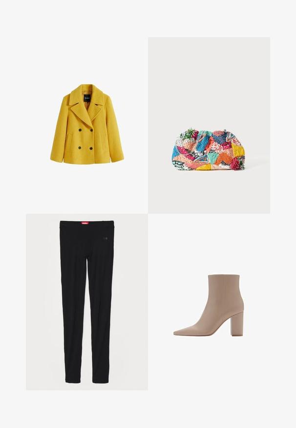 Žuti peacoat od vune s mješavinom, s teksturiranim završetkom, dvostrukim kopčanjem, širom reveri, dva prednja ušivena džepa i crnim dugmadi.; Seasalt Cornwall Top dugih rukava - white salt; Crne tajice od glatkog materijala, s visokim pojasom i suptilnim brendingom sprijeda. Tajice imaju uski, prilagođeni oblik.; Bežna čizma do gležnja s šiljastim nosom, izrađena od glatkog materijala, s prozirnim blok-petom i minimalističkim dizajnom.; Šarena tkanica torba sa raznim uzorkom u ružičastoj, plavoj, zelenoj i žutoj boji, s teksturiranim ukrasima i dekorativnim detaljima.