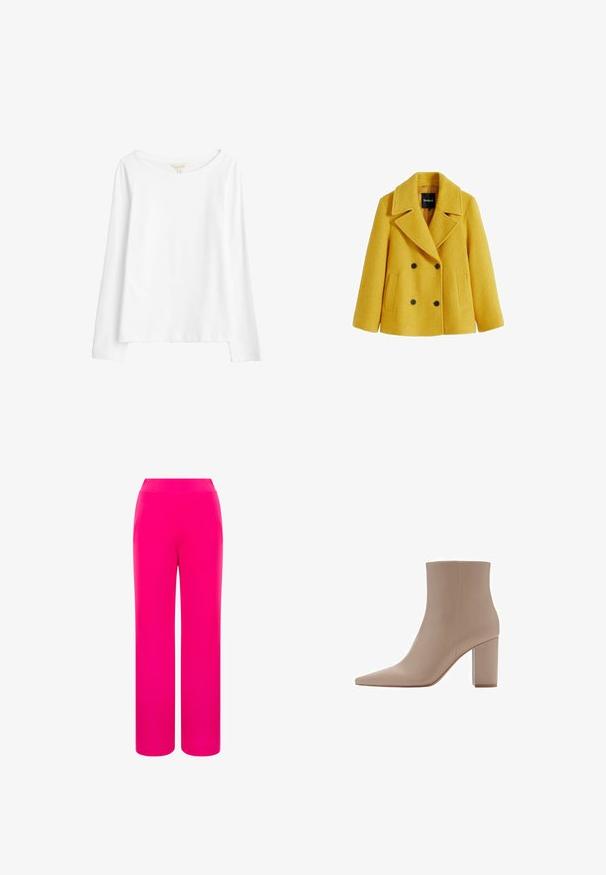 Žlutý vlněný blendový kabát typu peacoat s texturovaným povrchem, dvouřadým zapínáním, širokými klopami, dvěma předními našitými kapsami a černými knoflíkovými akcenty.; Seasalt Cornwall Top s dlouhým rukávem - white salt; Jasně růžové široké kalhoty s hladkou texturou a vysokým pasem. Vyrobené z lehkého materiálu pro pohodlí a snadný pohyb.; Béžový kotník s špičatou špičkou, vyrobený z hladkého materiálu, s průhledným blokovým podpatkem a minimalistickým designem.