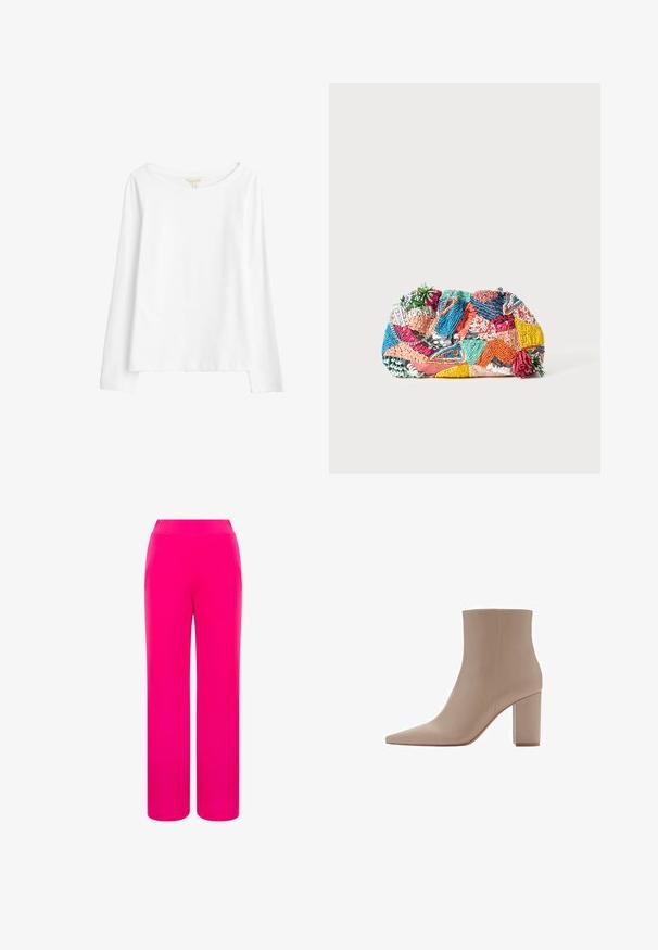 Geel wollen blend peacoat met een getextureerde afwerking, dubbelgeknoopte stijl, brede revers, twee voorste patchzakken en zwarte knoopaccenten.; Seasalt Cornwall Longsleeve - white salt; Heldere roze wijde broek met een soepele textuur en een hoge taille. Gemaakt van lichte stof voor comfort en bewegingsvrijheid.; Beige enkelboot met een spitse neus, gemaakt van een glad materiaal, met een transparante blokhak en een minimalistisch ontwerp.; Kleurrijke geweven clutchbag met verschillende patronen in roze, blauw, groen en geel, met textuurelementen en decoratieve accenten.