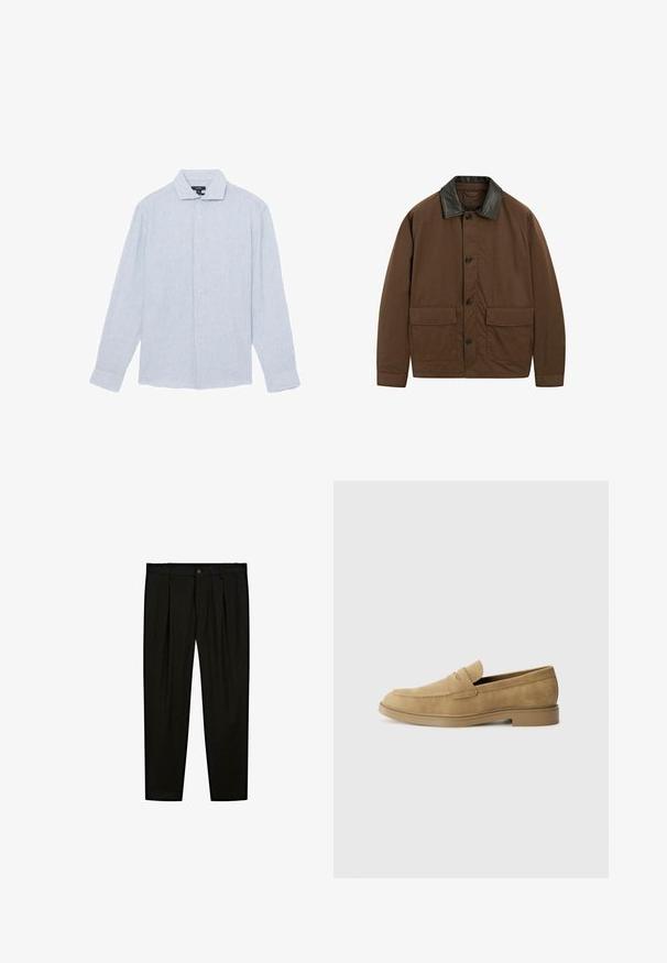 Hnědá bunda vyrobená z látky s černým koženým límcem, vybavená dvěma předními kapsami, zavíráním na knoflíky a uvolněným střihem.; Světle modrá pruhovaná košile s dlouhým rukávem, bavlněný materiál, košilový límec, vertikální jemné pruhy a knoflíkové zapínání vpředu.; Černé oblekové kalhoty vyrobené z hladké tkaniny. Mezi další vlastnosti patří rovný přední díl, široké nohavice a zapínání na knoflík v pase.; Béžové semišové mokasíny s kulatou špičkou, nízkým blokovým podpatkem a prošíváním na svršku. Hladký povrch a minimalistický design.