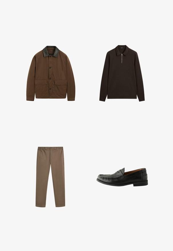 Hnědá bunda vyrobená z látky s černým koženým límcem, vybavená dvěma předními kapsami, zavíráním na knoflíky a uvolněným střihem.; Tmavohnědá dlouhý rukáv polo košile s límečkem a krátkým stříbrným zipem vpředu uprostřed.; Hnědé bavlněné chinos kalhoty s rovným střihem, elastickým pasem a předními kapsami. Hladká textura a minimální švy.; Černé kožené mokasíny s hladkým povrchem, zaoblenou špičkou, ručně šitými detaily a nízkou gumovou podešví. Klasický a univerzální design.