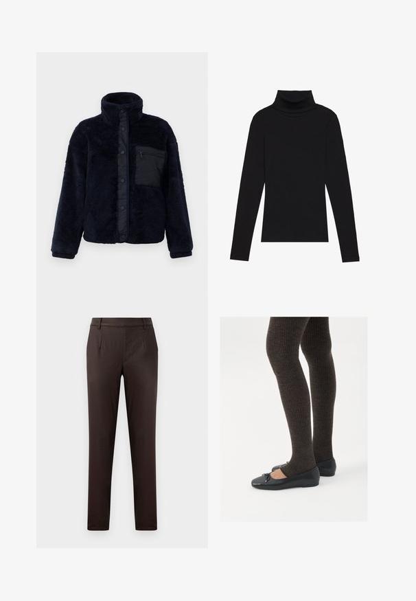 Marineblauwe fleece jas met een hoge kraag, drukknoopsluiting en een gestructureerd oppervlak. Beschikt over een zwarte ritszak op de linkerborst.; Zwarte turtleneck met lange mouwen, gemaakt van ribbelstof, heeft een aansluitend ontwerp met een hoge hals en geen patronen of accenten.; Bruine op maat gemaakte broeken met een gladde textuur, voorzien van frontzakken, een vlakke voorkant en een slim fit silhouet.; Zwarte platte schoenen met een kleine strikdetail op de neus, gecombineerd met donkerbruine geribbelde panty’s. De schoenen hebben een gladde textuur en een lage profiel.