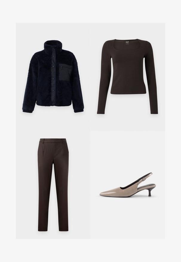 Sötétkék polárdzseki magas gallérral, patentgombokkal és texturált felülettel. Bal oldalon zippzáros zsebből áll.; Fekete, hosszú ujjú, elasztikus felső négyzet alakú dekoltázzsal, GAP felirattal, fehér háttér előtt bemutatva.; Barna, igényesen szabott nadrág sima textúrával, elülső zsebekkel, lapos elülső kialakítással és karcsú szabással.; Fényes bézs lakkbőr, hegyes orrú, sarok nélküli cipők keskeny sarkú, állítható pánttal a biztonságos illeszkedés érdekében.