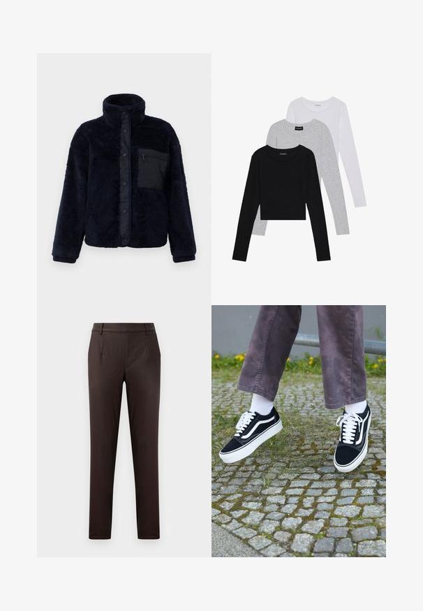Veste en polaire bleu marine avec un col haut, des boutons-pression et une finition texturée. Présente une poche zippée noire sur le côté gauche de la poitrine.; Trois hauts à manches longues empilés : noir, gris et blanc. Chacun a un col rond et un design court avec un tissu lisse et léger.; Pantalons taillés marron avec une texture lisse, dotés de poches avant, d'un design à plat à l'avant et d'une silhouette ajustée.; Baskets en suède noir avec des accents blancs, présentant un bout rond, une semelle blanche épaisse et un design classique à lacets, portées avec des chaussettes blanches et un pantalon violet.