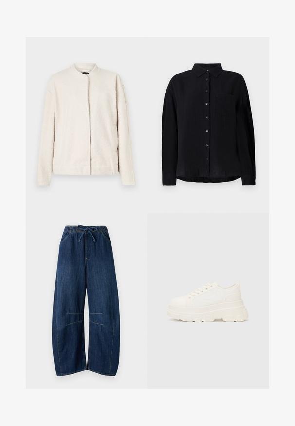 Valkoinen takki, joka on valmistettu textured materiaalista, jossa on pyöreä kaulus, pitkät hihat ja edessä suljenta ilman näkyviä nappeja.; Musta pitkähihainen paita, joka on valmistettu kevyestä kankaasta. Paidassa on terävä kaulus, napitus edessä, yksi rintatasku ja rento istuvuus.; Kengät siniharmaista farkkumaista kangasta. Ominaisuuksiin kuuluu joustava vyötärö naruineen, kaksi sivutaskua ja erottuvat ommellut yksityiskohdat.; Valkoinen kangaskenkä paksulla pohjalla, pyöreällä kärjellä ja viidellä nauhakuutiolla. Takareunan vipu helpottaa pukemista. Sileä pinta, minimalistinen muotoilu.