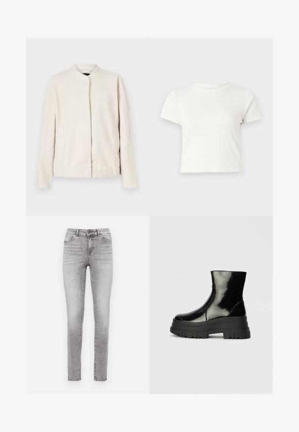 Krémszínű dzseki, amely textúrált anyagból készült, kerek gallérral, hosszú ujjakkal, és elől gombok nélkül záródik.; Rövid, fehér, pamut póló, rövid ujjakkal, kerek kivágással és egyenes szegéllyel, sima textúrával és letisztult dizájnnal.; Fakó szürke mosású skinny farmernadrág, denim anyagból készült. Gombbal és cipzárral záródik, öt zsebe van és finom kopott hatása van.; Fekete fényes boka csizma vastag bordázott talppal és kerek orral, oldalnézet világos szürke háttér előtt.
