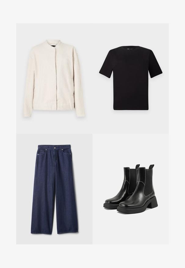 Crème-kleurige jas van gestructureerd materiaal, met een ronde kraag, lange mouwen en een voorkant zonder zichtbare knopen.; Zwarte T-shirt met korte mouwen en een ronde hals, gemaakt van zachte katoenstof. Eenvoudig ontwerp, geen zichtbare logo's of patronen.; Donkere blauwe denim jeans met wijde pijpen, een gladde textuur, ontwerp met vijf zakken, metalen knoopsluiting en gestikte details langs de naden.; Zwarte leren Chelsea-boots met een chunky hak, elastische zijpanelen en contrasterende witte stiksels. Gestructureerde afwerking.