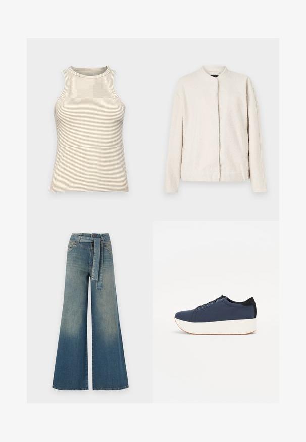 Krémová bunda vyrobená z textúrovaného materiálu, s okrúhlym golierom, dlhými rukávmi a predným zapínaním bez viditeľných gombíkov.; Top bez rukávov s vysokým golierom, vyrobený z textúrovanej látky s tenkými horizontálnymi béžovými a bielymi pruhmi. Úzky strih, bez viditeľného kovania.; Džínsy s širokými nohavicami, ktoré majú prechod od svetlomodrej po tmavomodrú, vysoký pás, pútka na opasok a opasok z rovnakého materiálu. Textúrovaný denimový povrch.; Námornícky modré tenisky s textúrovaným textilným zvrškom, bielou platformovou podrážkou, zaoblenou špičkou a čiernym akcentom na päte. Obsahujú šesť otvorov na šnúrky.