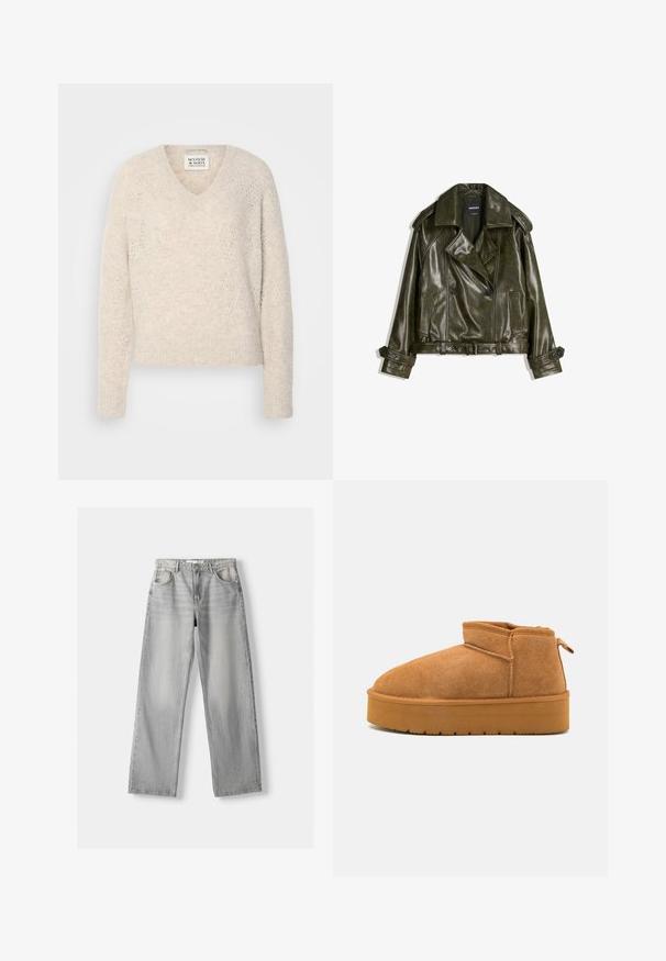 Gekürzte dunkelgrüne Lederjacke mit einem doppelt geknöpften Design, großen Revers und zwei Fronttaschen. Verfügt über verstellbare Manschetten und einen Gürtel.; V-Ausschnitt, langärmeliger Pullover in Hellbeige, ausgestattet mit einem strukturierten Strickmuster mit Rautenelementen sowie gerippten Bündchen und Saum.; Helle graue Jeans aus Denim mit geradem Bein, ausgestattet mit zwei vorderen Taschen, einem Knopfverschluss und subtilen Abnutzungen für Struktur.; Braune Wildlederstiefeletten mit runder Spitze, niedrigem Schnitt und einer strukturierten Gummisohle, die eine leichte Plattform und eine Ziehlasche aufweist.