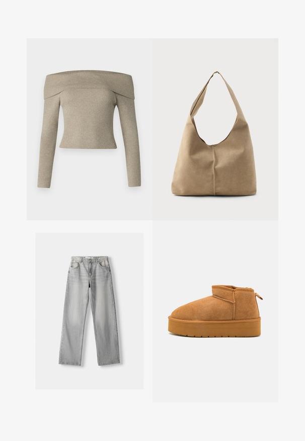 Afskåret mørkegrøn læderjakke med dobbeltradet design, store klapper og to forlommer. Har justerbare manchetter og et bælte.; Bærestroget beige ribstrikket top med lange ærmer og tætsiddende design. Har en lille logoaccent ved kanten.; Lys grå denim jeans med lige pasform, der har to frontlommer, en knappelukning og diskrete slidser for tekstur.; Brune suede ankelstøvler med en rund tå, lav skæring, og en tekstureret gummisål med en lille platform og et hængsel.; Hobo taske i blød beige ruskind med en afslappet form, bred skulderrem og håndsyet sømdetalje langs fronten.