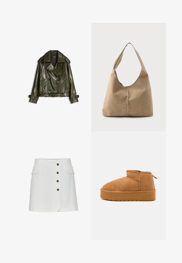 Przycięta, ciemnozielona skórzana kurtka o podwójnym zapięciu, z dużymi klapami i dwiema przednimi kieszeniami. Posiada regulowane mankiety i pasek.; Biała bluzka z krótkim rękawem w pionowe i chevronowe paski, z zamkiem błyskawicznym z przodu, kołnierzykiem spiczastym oraz dwiema kieszeniami z przodu.; Biała spódnica z sześcioma brązowymi guzikami z przodu, dwoma bocznymi kieszeniami i lekko A-liniowym krojem. Gładki materiał o minimalnej fakturze.; Brązowe zamszowe botki za kostkę z zaokrąglonym noskiem, niskim krojem oraz teksturowaną gumową podeszwą z lekką platformą i pętlą do wsuwania.; Torba hobo w miękkim beżowym zamszu o luźnym kształcie, szerokim pasku na ramię i ręcznie szytym szczególe na przedzie.