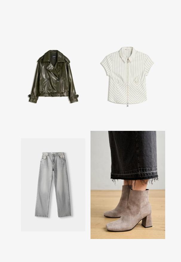 Gekürzte dunkelgrüne Lederjacke mit einem doppelt geknöpften Design, großen Revers und zwei Fronttaschen. Verfügt über verstellbare Manschetten und einen Gürtel.; Weißes Kurzarmbluse mit vertikalen und Chevron-Streifen, ausgestattet mit einem Reißverschluss vorne, einem spitzen Kragen und zwei vorderen Taschen.; Helle graue Jeans aus Denim mit geradem Bein, ausgestattet mit zwei vorderen Taschen, einem Knopfverschluss und subtilen Abnutzungen für Struktur.; Anna Field LEATHER - Stiefelette - taupe
