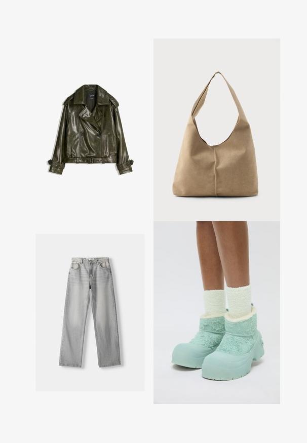 Džínová kožená bunda tmavozelenej farby so strihom na dvojité zapínanie, veľkými klopami a dvoma prednými vreckami. Obsahuje nastaviteľné manžety a opasok.; Biela blúzka s krátkym rukávom, s vertikálnymi a chevronovými prúžkami, s predným zipsom, špicatým golierom a dvoma prednými vreckami.; Svetlosivé džíny z denimu s rovnými nohavicami, ktoré majú dve predné vrecká, zapínanie na gombík a jemné vyblednutie pre textúru.; Nohy v hrubých bielych chlpatých ponožkách a robustných svetlomodrých zimných čižmách s textúrovanou látkou a kaučukovými podrážkami na bielom pozadí.; Hobo taška z mäkkej béžovej semišovej kože so splývavým tvarom, širokým ramenným popruhom a ručne šitým detailom švu na prednej strane.