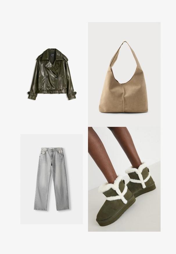 Lyhennetty tummanvihreä nahkatakki, jossa on kaksirivinen malli, suuret kaulukset ja kaksi etutaskua. Varustettu säädettävillä hihoilla ja vyöllä.; Valkoinen lyhythihainen pusero, jossa on pystysuorat ja V-muotoiset raidat, edessä vetoketju, terävä kaulus ja kaksi etutaskua.; Vaaleanharmaat farkut suoranlahkeisella muotoilulla, joissa on kaksi etutaskua, nappisuljenta ja huomaamaton kuluminen tekstuurin luomiseksi.; Vihreät mokka nilkkurit valkoisella keinoturkistuksella, joissa on ristikkäinen muotoilu, litteä kumipohja ja takana vetotappi helppoa pukemista varten.; Hobo-laukku pehmeästä beige-suedesta, jossa on löysä muoto, leveä olkahihna ja käsinommeltu sauma edessä.; Hope-silver rengas, joissa on sileä ja kiillotettu pinta. Pyöreä muoto ja turvallinen napsautettava lukitus. Kevyt muotoilu sopii päivittäiseen käyttöön.