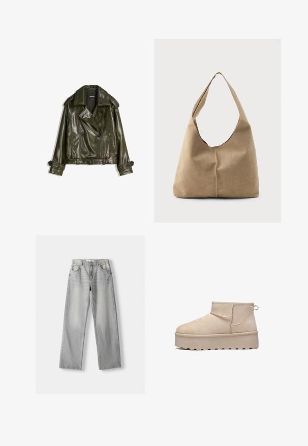 Przycięta, ciemnozielona skórzana kurtka o podwójnym zapięciu, z dużymi klapami i dwiema przednimi kieszeniami. Posiada regulowane mankiety i pasek.; Biała bluzka z krótkim rękawem w pionowe i chevronowe paski, z zamkiem błyskawicznym z przodu, kołnierzykiem spiczastym oraz dwiema kieszeniami z przodu.; Jasnoszare dżinsy z prostymi nogawkami, wyposażone w dwie przednie kieszenie, z zapięciem na guzik i delikatnym przyciemnieniem dla uzyskania tekstury.; Elara - Śniegowce; Torba hobo w miękkim beżowym zamszu o luźnym kształcie, szerokim pasku na ramię i ręcznie szytym szczególe na przedzie.