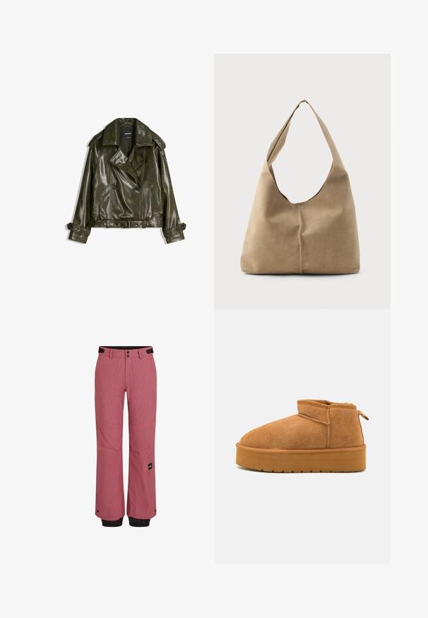 Afskåret mørkegrøn læderjakke med dobbeltradet design, store klapper og to forlommer. Har justerbare manchetter og et bælte.; Hvid kortærmet bluse med lodrette og chevron-striber, der har en lynlås foran, spidse kraver og to forlommer.; Røde skibukser med en struktureret overflade, sorte elastiske manchetter ved anklerne, forlommer og et mærke på den nederste venstre ben.; Brune suede ankelstøvler med en rund tå, lav skæring, og en tekstureret gummisål med en lille platform og et hængsel.; Hobo taske i blød beige ruskind med en afslappet form, bred skulderrem og håndsyet sømdetalje langs fronten.