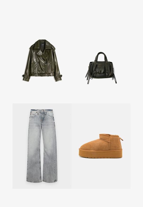 Jachetă din piele verde închis, tăiată, cu un design cu două rânduri de nasturi, revere mari și două buzunare frontale. Dispune de manșete ajustabile și o curea.; Bluză albă cu mânecă scurtă, cu dungi verticale și în zigzag, având un fermoar frontal, guler ascuțit și două buzunare frontale.; Blugi largi de culoare deschisă, confecționați din denim cu o textură estompată, având un design cu cinci buzunare și cusături vizibile pe toate îmbinările.; Botine din suede maron cu vârful rotunjit, un design scurt și o talpă din cauciuc texturată, având o ușoară platformă și un cordonaș pentru a fi ușor de încălțat.; Geantă din piele neagră, cu mânere împletite, buzunar cu fermoar și ciucuri suspendați. Suprafață texturată cu capse metalice și accente din metal.