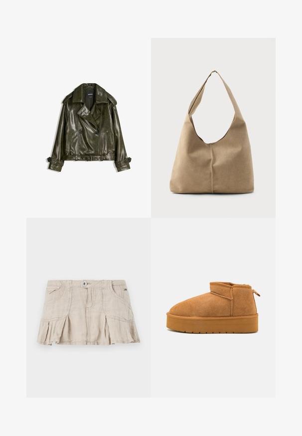 Veste en cuir vert foncé raccourcie avec un design croisé, de grands revers et deux poches à l'avant. Dispose de poignets réglables et d'une ceinture.; Blouse blanche à manches courtes avec des rayures verticales et en chevrons, dotée d'une fermeture éclair sur le devant, d'un col pointu et de deux poches avant.; Jupe mini en lin beige avec un design plissé, fermeture à boutons à l'avant et deux poches latérales. Présente une texture légère et un style décontracté.; Bottines en nubuck marron avec un bout arrondi, une conception basse et une semelle en caoutchouc texturée comportant une légère plateforme et une languette.; Sac hobo en suède beige doux avec une forme décontractée, une large bandoulière et un détail de couture à la main sur le devant.