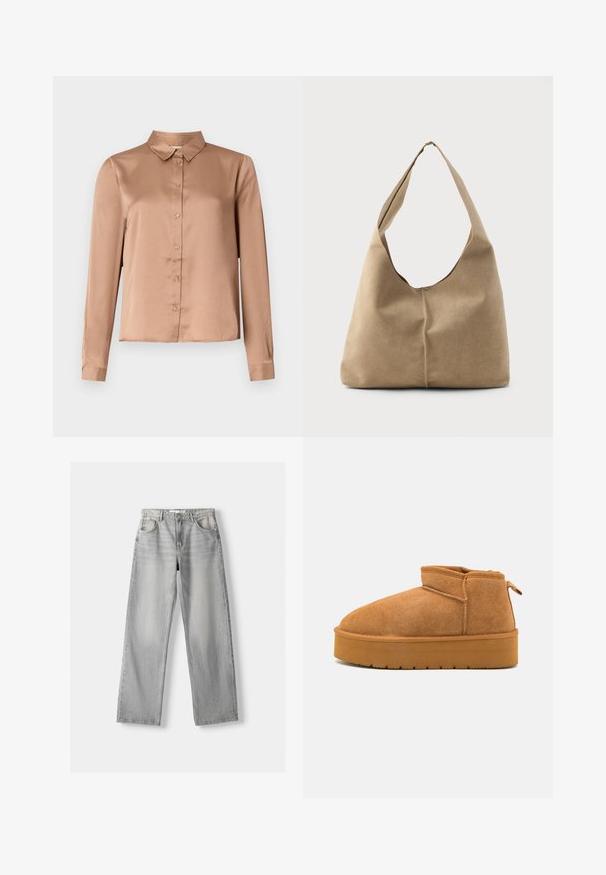 Cropped dark green leather jacket with a double-breasted design, large lapels, and two front pockets. Features adjustable cuffs and a belt.; Long-sleeve blouse in light brown satin, featuring a collared neckline, button front, and tailored fit with a straight hem.; Light gray denim jeans with a straight-leg design, featuring two front pockets, a button closure, and subtle fading for texture.; Brown suede ankle boots with a rounded toe, low-cut design, and a textured rubber sole featuring a slight platform and pull tab.; Hobo bag in soft beige suede with a slouchy shape, wide shoulder strap, and a hand-stitched seam detail along the front.