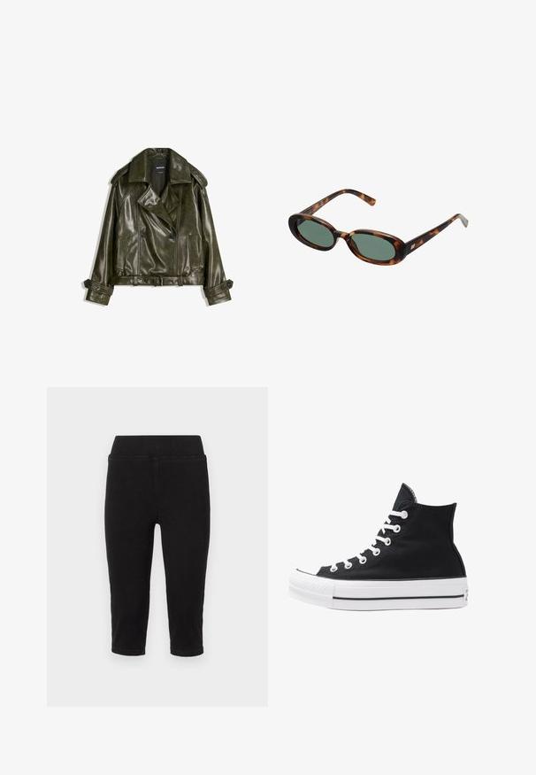 Kratka temnozelena usnjena jakna z dvovratnim dizajnom, velikimi klapnicami in dvema sprednjima žepoma. Ima nastavljive manšete in pas.; Tri dolgi rokavi v svetlo modri, črni in beli barvi. Oblika vključuje okroglo izrez in mehak, lahek tekstil.; Črne skrajšane jeans hlače z raztegljivim pasom, ki imajo gladko teksturo in zvit rob. Zasnovane za udobje in enostavno gibanje.; Visoke črne platnene superge z belimi režami, vezalkami in gumijastim podplatom. Ponašajo se z teksturiranim zaščitnikom za prste in črno-belimi črtami.; Žirafne sončna očala z ovalnimi okvirji in zelenimi lečami. Imajo tanke ročice z metalnim poudarkom blizu tečajev.; Even&Odd Torba za nakupovanje - black