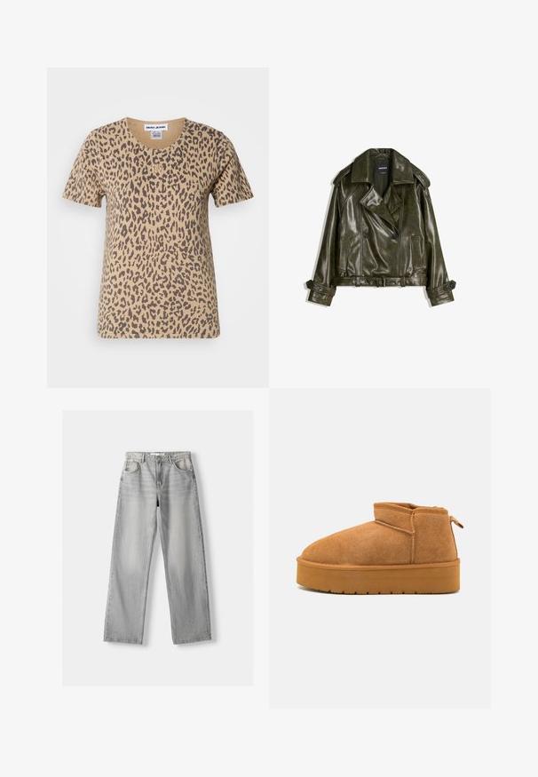 Džínová kožená bunda tmavozelenej farby so strihom na dvojité zapínanie, veľkými klopami a dvoma prednými vreckami. Obsahuje nastaviteľné manžety a opasok.; Návrh krátkeho rukáva béžovej tričko s leopardím potlačou, vybavené okrúhlym výstrihom a malým zlatým logom na prednej strane.; Svetlosivé džíny z denimu s rovnými nohavicami, ktoré majú dve predné vrecká, zapínanie na gombík a jemné vyblednutie pre textúru.; Hnedé semišové členkové topánky s okrúhlym prstom, nízkym strihom a textúrovanou gumovou podrážkou, ktorá má mierny platformový efekt a pútko na ťahanie.
