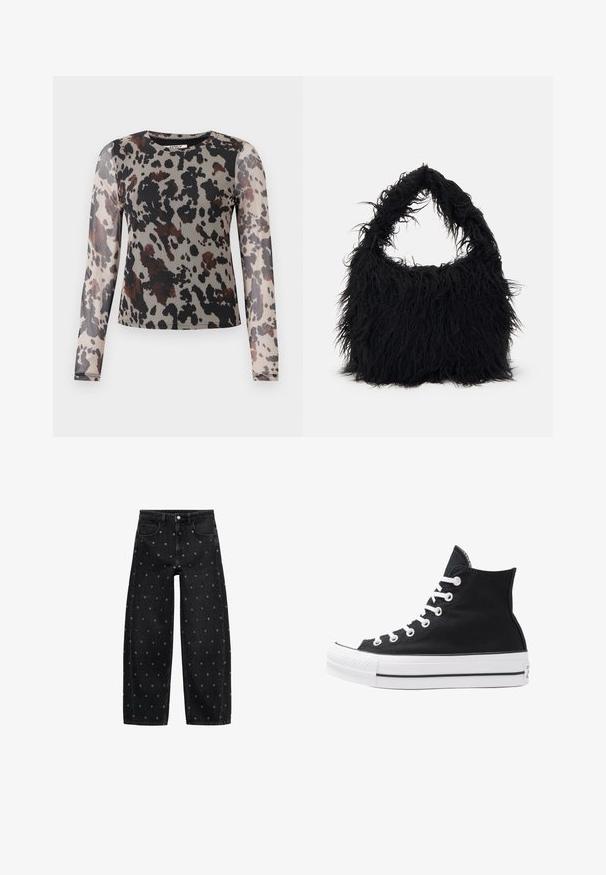 Przycięta, ciemnozielona skórzana kurtka o podwójnym zapięciu, z dużymi klapami i dwiema przednimi kieszeniami. Posiada regulowane mankiety i pasek.; Długo rękawowy top z lekkiego, przejrzystego materiału z leopardzim wzorem w ziemistych odcieniach czerni, brązu i beżu. Okrągły dekolt.; Czarne dżinsy o szerokich nogawkach z wzorem małych srebrnych grommetów, z klasycznym pięciokomorowym krojem i zapięciem na guziki.; Czarny wysokopodbiciowy sneaker z płótna, z białymi oczkami, sznurówkami i gumową podeszwą. Posiada teksturowany czubek oraz czarno-białe paski.; Even&Odd - Torba na zakupy