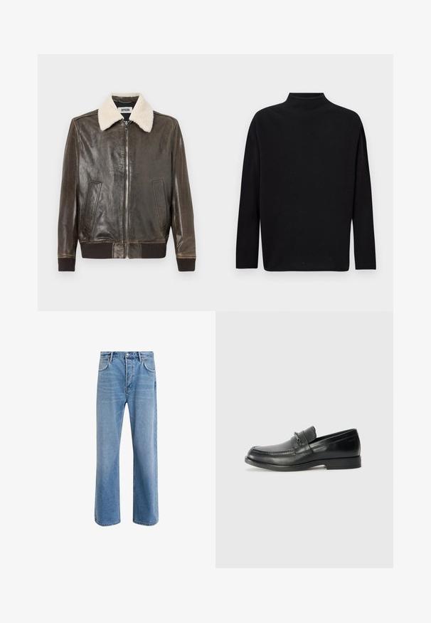 Ruskean nahkatakki, jossa on vuohennahkakaulus, edessä vetoketjusuljenta, kaksi sivutaskua ja ribbikuvioidut hihansuut sekä helma. Sujuva pinta, rento muotoilu.; Mustavartalo-neule, joka on valmistettu pehmeästä neulomateriaalista, pitkähihaiset, rento malli ja korkea kaula-aukko. Ei näkyviä kuvioita tai metalliosia.; Vaaleansiniset farkut suoranlahkeisella muotoilulla, viisi taskua, nappisuljenta, vähäinen kuluminen ja kontrastiväriset ompeluyksityiskohdat.; Musta nahkasaappaat pyöreällä varvalla, joissa on ommeltu muotoilu, pieni etuhihna varustettuna metallidetaljeilla sekä litteä kumipohja.