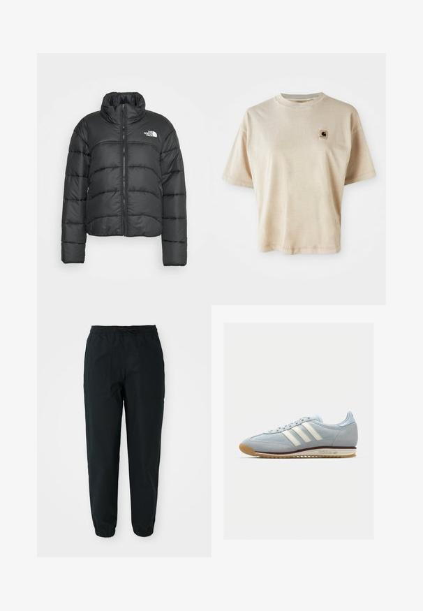 Chaqueta de plumas negra con un diseño recortado, que presenta un cuello alto, cierre con cremallera y bolsillos laterales. Fabricada con un material liso y aislante.; Camiseta de algodón beige con un corte relajado, cuello redondo, mangas cortas y un pequeño parche cuadrado de logo en el área del pecho izquierdo.; Pantalones negros ajustados, hechos de una tela suave, con una cinturilla elástica, cordón de ajuste y bolsillos laterales con parche. Puños elásticos en los tobillos.; Zapatilla de ante azul claro con tres rayas blancas, suela de goma y malla texturizada. Presenta una puntera lisa y un logotipo en el talón.
