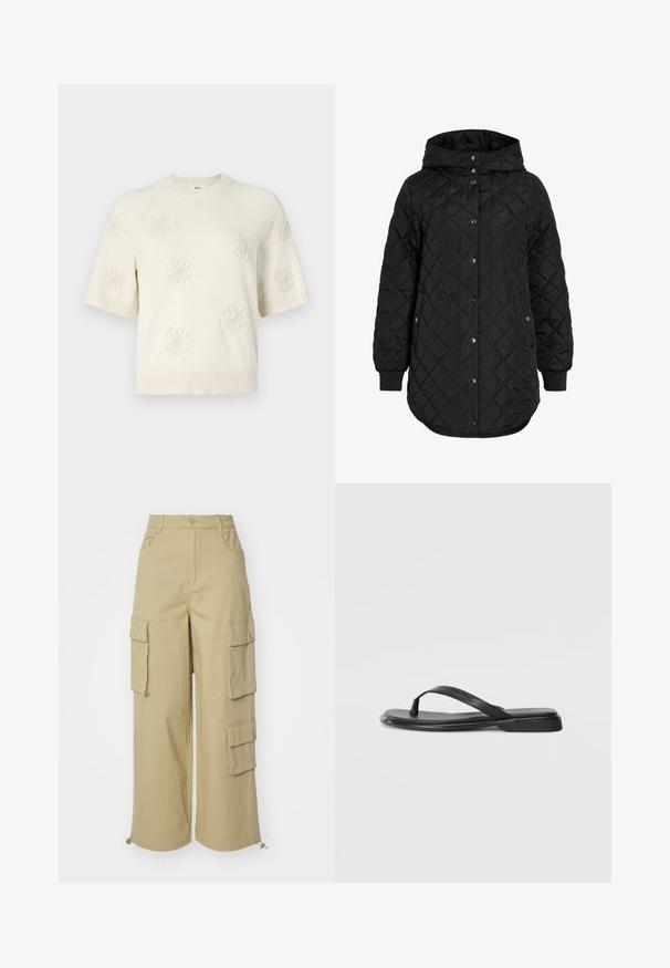 Melnā iešūtu jaku ar kapuci, kas piedāvā pogu aizdari, ribotas piedurknes un garāku apakšdaļu. Audums ir gluds ar matt virsmu.; Krems krāsas īsām piedurknēm adīts svīteris ar ziedu izšuvumiem, apaļš kakls un ribota apdare pie piedurknēm un apakšmalas. Mīksta tekstūra un brīvs griezums.; Beige kravas bikses ar platām kājām, divām lielām sānu kabatām, priekšējām kabatām un auklas detaļu apakšmalā. Kokvilnas auduma maisījums.; Melni flip-flopi, kas izgatavoti no gludas ādas, ar plānu siksniņu dizainu un plakanu zoli ar minimālu profilu. Nav ievērojamu rakstu vai akcentu.