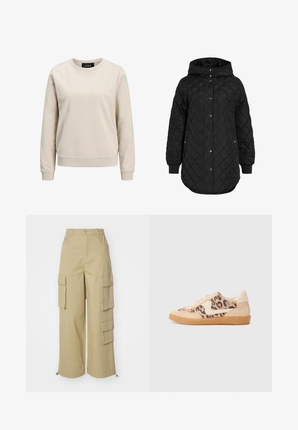 Fekete steppelt kabát kapucnival, gombos záródással, bordázott mandzsettákkal és hosszabb szegéllyel. Az anyag sima, matt felületű.; Beige színű pulóver kerek nyakkal, hosszú ujjakkal, bordás mandzsettákkal és alsó szegéllyel, puha pamut anyagból készült. Egyszerű minta nélküli dizájn.; Beige cargo nadrágok széles szabással, két nagy oldalsó zsebbel, elülső zsebekkel és húzózsinórral a szegélyen. Pamut keverék anyag.; Leopárdmintás sportcipő bézs velúr felsőrésszel, világosbarna gumitalppal és fehér kiegészítőkkel. Kerek orr, fűzős kialakítás, és textúrázott felület jellemzi.