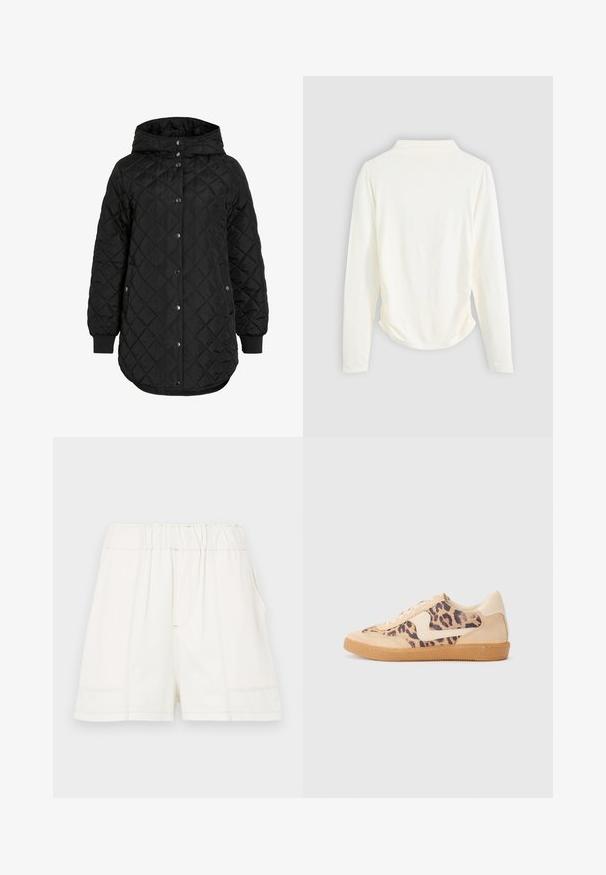 Veste matelassée noire avec capuche, dotée d'une fermeture à boutons, de poignets côtelés et d'un ourlet long. Le tissu est lisse avec une finition mate.; Haut à manches longues en tissu couleur crème, avec un léger rassemblement sur les côtés et un col classique. Texture lisse, design simple.; Shorts en coton blancs avec une taille élastique, dotés de poches latérales et de coutures visibles pour une texture supplémentaire.; Baskets en imprimé léopard avec tige en suède beige, semelle en caoutchouc tan et accents blancs. Bout rond et design à lacets avec une finition texturée.