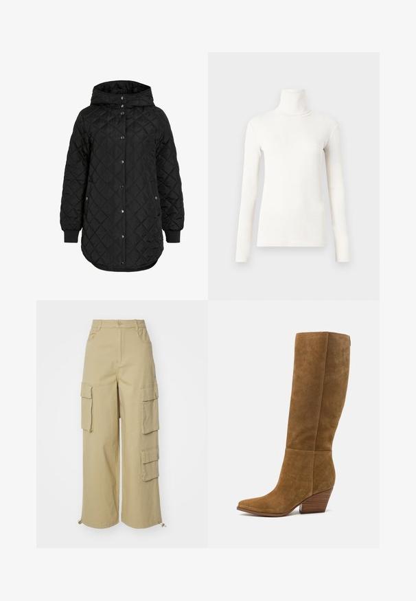 Veste matelassée noire avec capuche, dotée d'une fermeture à boutons, de poignets côtelés et d'un ourlet long. Le tissu est lisse avec une finition mate.; Chemise à col roulé à manches longues en écru, fabriquée en tissu doux et extensible avec une coupe ajustée et une texture côtelée.; Pantalons cargo beiges avec jambes larges, deux grandes poches latérales, poches avant et un détail à cordon au bas. Tissu en mélange de coton.; Guess CALLY - Bottes de cowboy / motard - brown