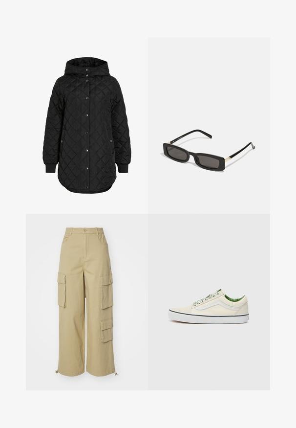 Černá prošívaná bunda s kapucí, vybavená zapínáním na knoflíky, žebrovanými manžetami a delším lemem. Tkanina je hladká s matným povrchem.; Dlouhý rukáv rolák v béžové barvě, vyrobený z měkké, elastické tkaniny s přiléhavým střihem a žebrovanou strukturou.; Béžové cargo kalhoty se širokými nohavicemi, dvěma velkými bočními kapsami, předními kapsami a šňůrkovým detailem na lemu. Směs bavlny.; Béžové plátěné nízké tenisky s zelenými akcenty, bílé gumové podrážky a vzorovanými tkaničkami. Obsahují design bočního pruhu.; Černé obdélníkové sluneční brýle s tmavými skly, lesklými plastovými rámy a zlatými akcenty na spáncích. Minimalistický design a štíhlý tvar.; Zlaté kruhové náušnice s hladkým, lesklým povrchem. Kruhový design s malým kolíčkem a průhledným záznamem pro bezpečné nošení.