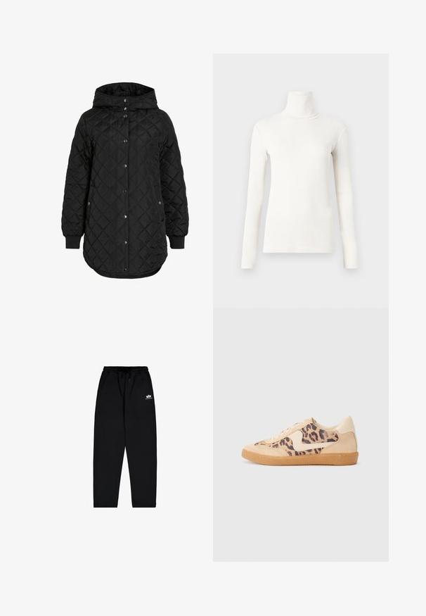 Crna jakna s kvačicama i kapuljačom, koja ima zatvaranje na gumbe, rebraste manžetne i duži rub. Tkanina je glatka s mat završnom obradom.; Duga majica s visokim ovratnikom u boji slonovače, izrađena od mekog, rastezljivog materijala s prilagođenim dizajnom i rebrastom teksturom.; Crne trenirke od mekanog materijala s elastičnim pojasom, šniranjem i bočnim džepovima. Sadrže mali bijeli logo na bedrima.; Tenisice s uzorkom leoparda, bež nubuk gornjištem, smešnim gumenim đonom i bijelim detaljima. Okrugli vrh i dizajn s vezicama s teksturiranom završnom obradom.