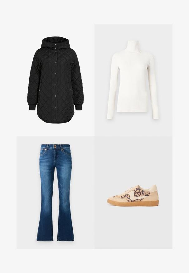 Casaco preto acolchoado com capuz, apresentando um fecho de botão, punhos canelados e uma bainha mais longa. O tecido é suave com um acabamento mate.; Camisola de gola alta de mangas compridas em branco sujo, feita de um tecido suave e elástico, com um design ajustado e textura canelada.; Jeans de denim azul de cintura alta com ligeira abertura nos tornozelos, apresentando dois bolsos frontais e fechos de botão em cobre.; Sapatilhas com padrão de leopardo, parte superior em camurça bege, sola de borracha castanha e detalhes brancos. Bico redondo e design com atacadores, com um acabamento texturizado.