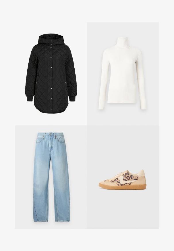 Čierna prešívaná bunda s kapucňou, so zapínaním na gombíky, rebrovanými manžetami a dlhším lemom. Tkanina je hladká s matným povrchom.; Dlhý rukáv rolák v off-white farbe, vyrobený z jemného, elastického materiálu s priliehavým strihom a rebrovanou textúrou.; Svetlomodré denimové džínsy so strihaťou rovného nohavice, piatimi vreckami a zipsom. Obsahujú viditeľné švy a kovové detaily.; Tenisky s leopardím vzorom, s béžovým semišovým zvrškom, svetlohnedou gumovou podrážkou a bielymi akcentmi. Okrúhla špička a šnurovací dizajn s textúrovaným povrchom.